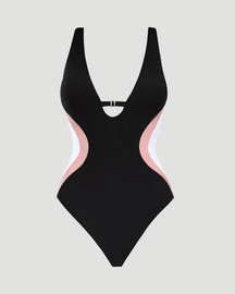 Traje de baño de una pieza con control de abdomen y escote en V profundo, bloques de color, ideal para vacaciones (Preventa)