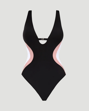 Traje de baño de una pieza con control de abdomen y escote en V profundo, bloques de color, ideal para vacaciones (Preventa)