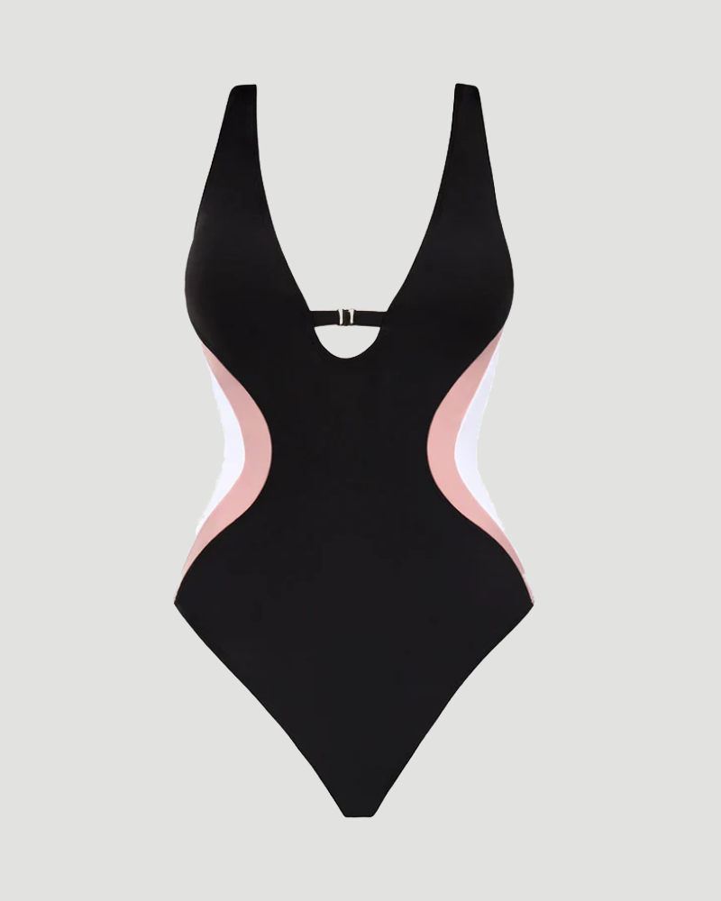 Traje de baño de una pieza con control de abdomen y escote en V profundo, bloques de color, ideal para vacaciones (Preventa)