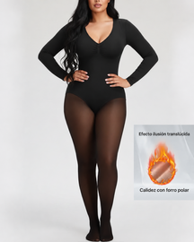 Body de manga larga con forro polar control de abdomen efecto lifting de glúteos y transparencias
