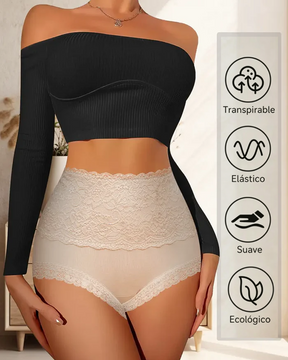 Braguitas de encaje de talle alto, control de abdomen y efecto lifting de glúteos con entrepierna de algodón.