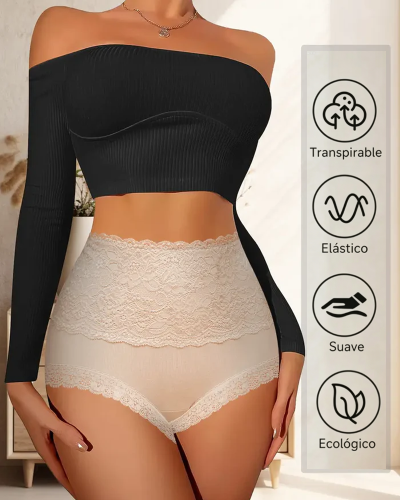 Braguitas de encaje de talle alto, control de abdomen y efecto lifting de glúteos con entrepierna de algodón.