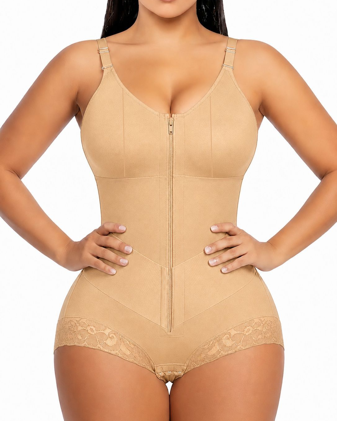 Body tipo faja con cremallera frontal y control de abdomen.