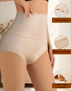 Braguitas de encaje de talle alto, control de abdomen y efecto lifting de glúteos con entrepierna de algodón.