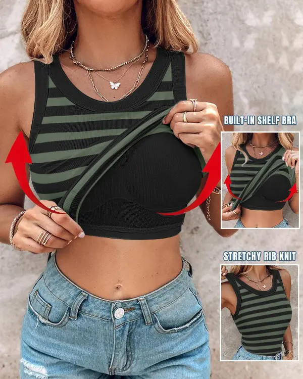 Top sin mangas de canalé con brasier incorporado y cuello redondo a rayas