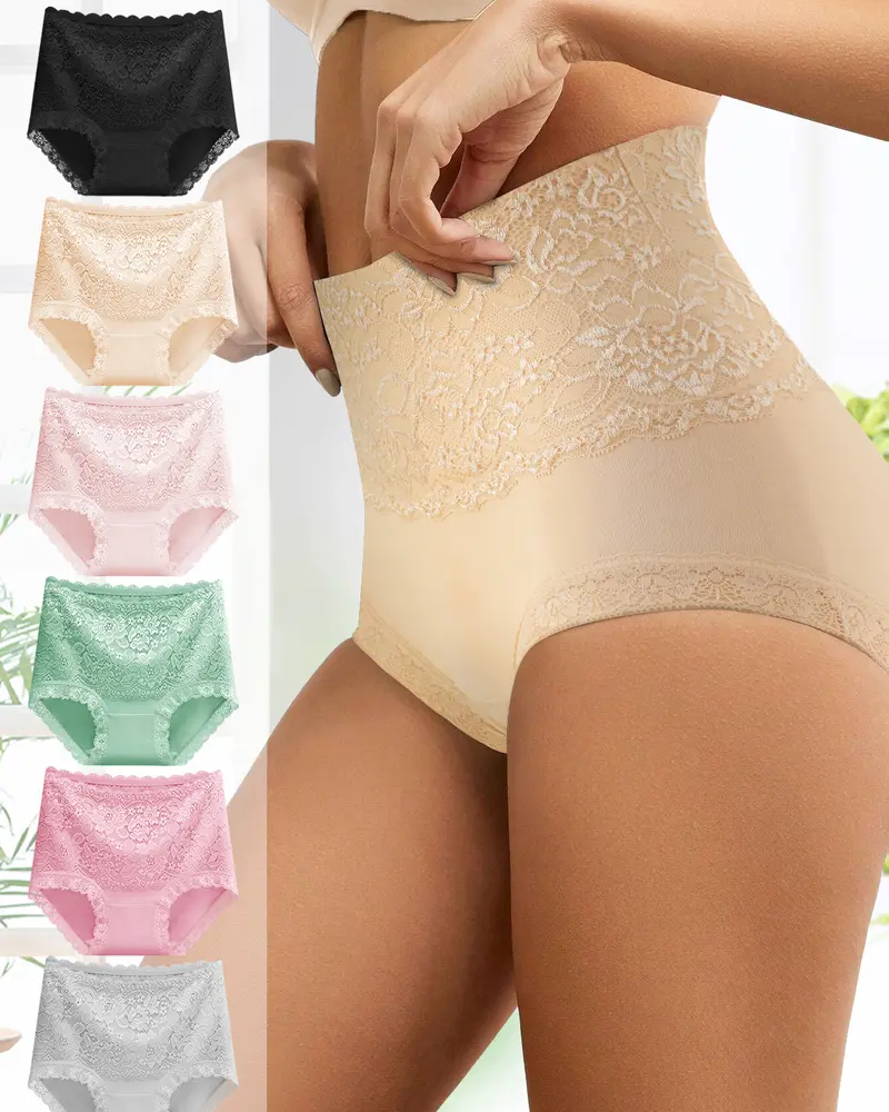 Braguitas de encaje de talle alto, control de abdomen y efecto lifting de glúteos con entrepierna de algodón.