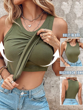 Top sin mangas de canalé con brasier incorporado y cuello redondo