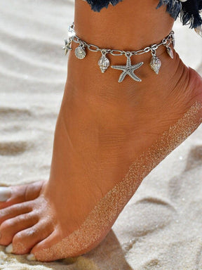 Tobillera clásica vintage con forma de estrella de mar y caracol
