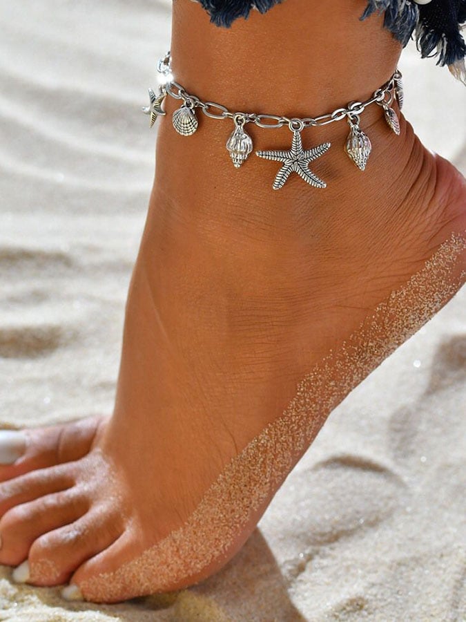 Tobillera clásica vintage con forma de estrella de mar y caracol