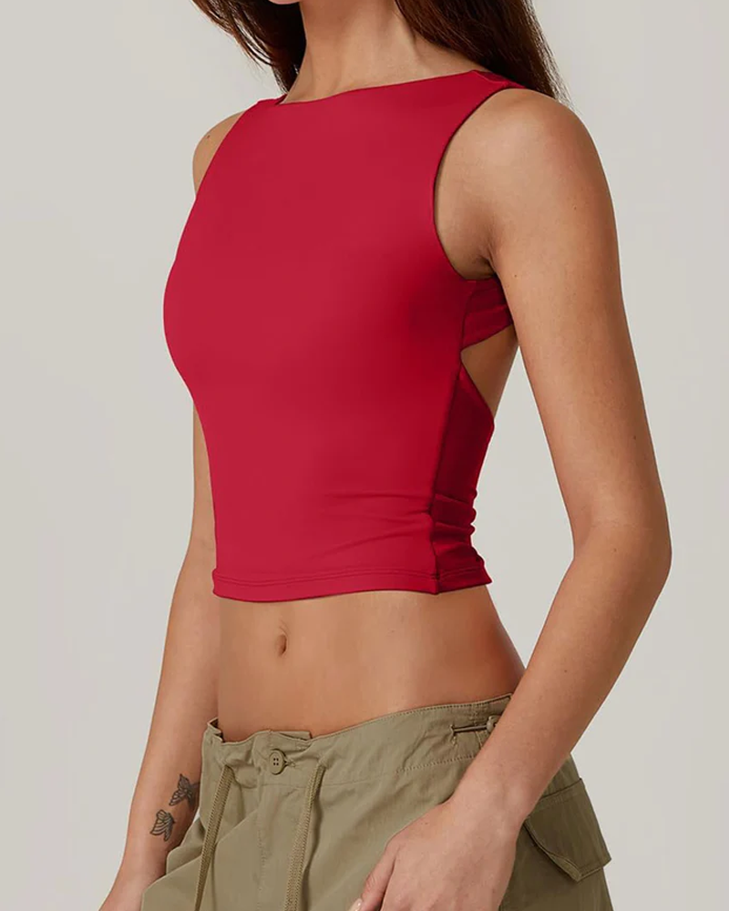 Camiseta corta sexy sin mangas con espalda abierta y cuello alto, ajustada y recortada