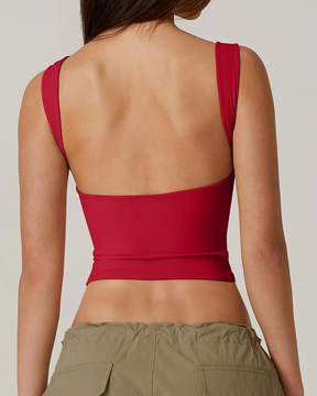 Camiseta corta sexy sin mangas con espalda abierta y cuello alto, ajustada y recortada