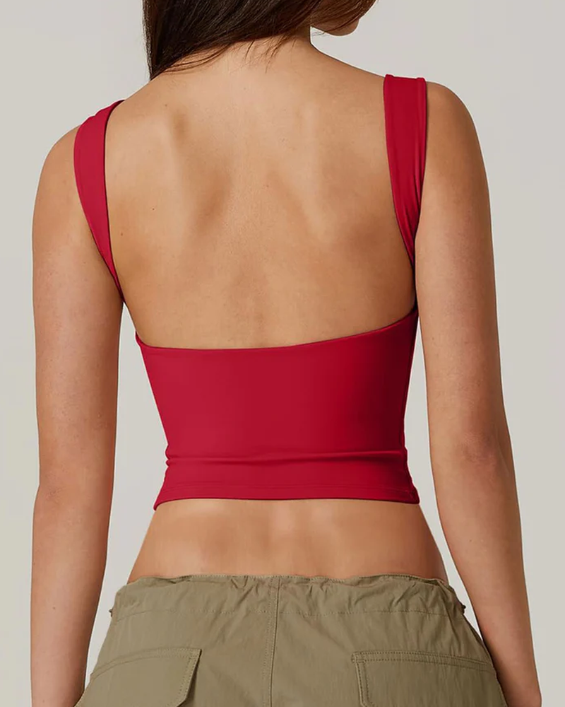 Camiseta corta sexy sin mangas con espalda abierta y cuello alto, ajustada y recortada