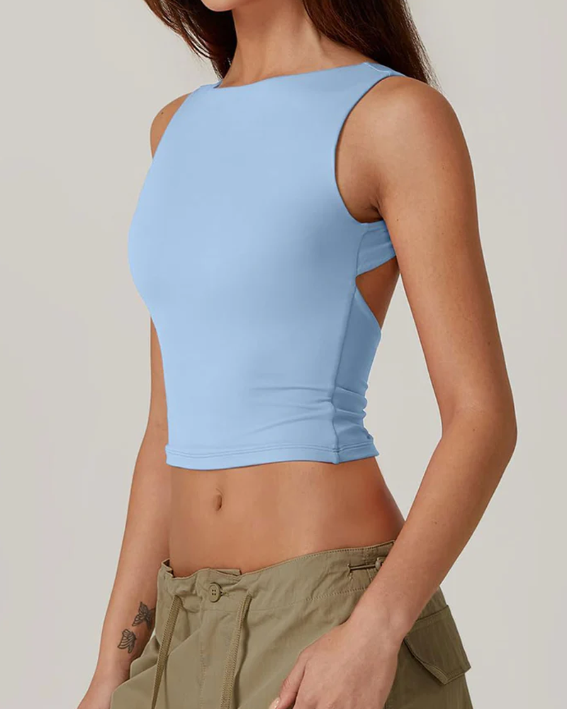Camiseta corta sexy sin mangas con espalda abierta y cuello alto, ajustada y recortada