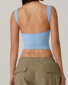 Camiseta corta sexy sin mangas con espalda abierta y cuello alto, ajustada y recortada