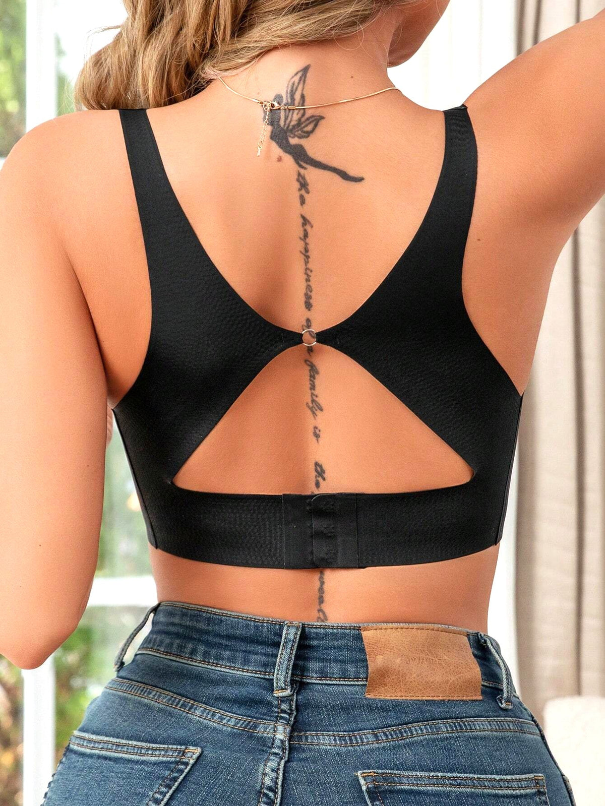 Brasier sin espalda cómodo de color sólido para mujer con almohadillas extraíbles, soporte bajo y sin costuras