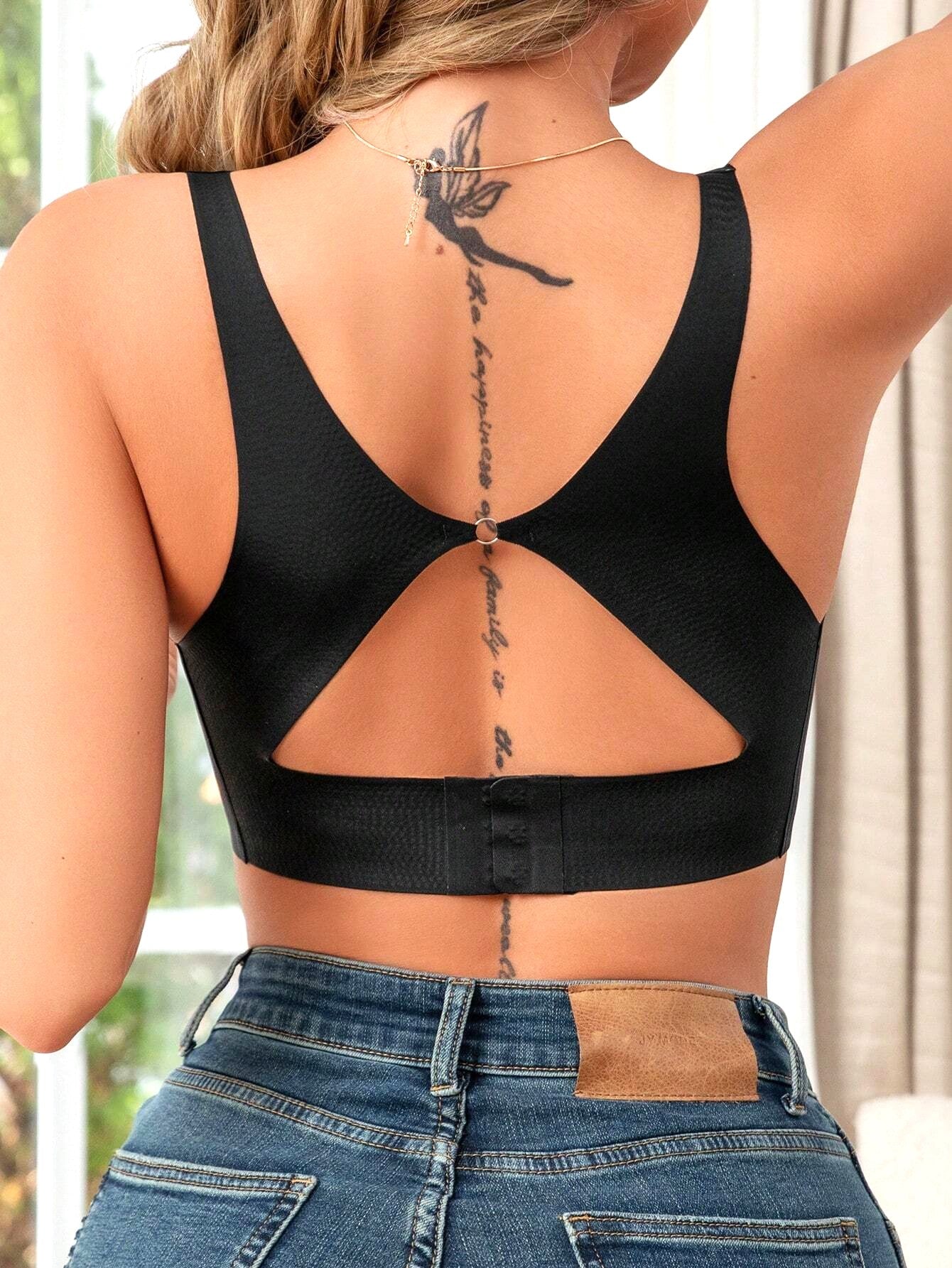 Brasier sin espalda cómodo de color sólido para mujer con almohadillas extraíbles, soporte bajo y sin costuras
