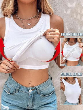 Top sin mangas de canalé con brasier incorporado y cuello redondo