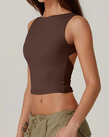 Camiseta corta sexy sin mangas con espalda abierta y cuello alto, ajustada y recortada