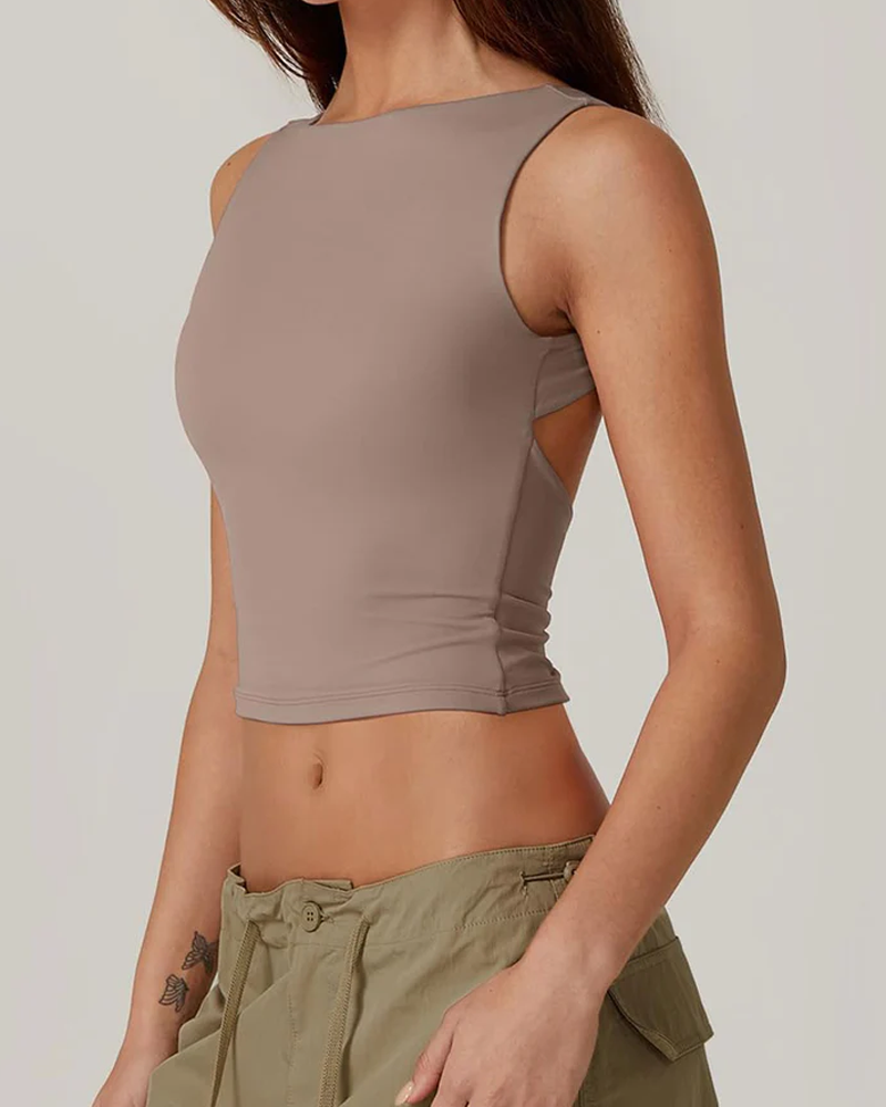 Camiseta corta sexy sin mangas con espalda abierta y cuello alto, ajustada y recortada
