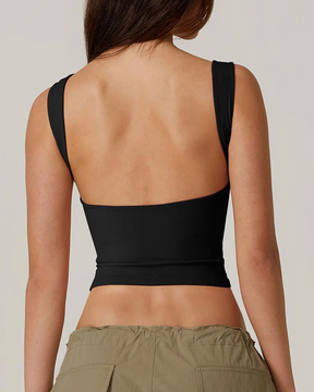 Camiseta corta sexy sin mangas con espalda abierta y cuello alto, ajustada y recortada