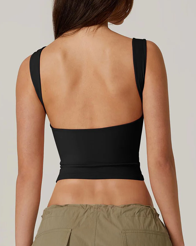 Camiseta corta sexy sin mangas con espalda abierta y cuello alto, ajustada y recortada