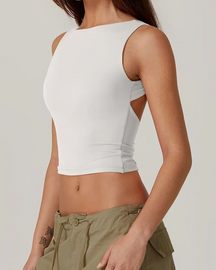 Camiseta corta sexy sin mangas con espalda abierta y cuello alto, ajustada y recortada