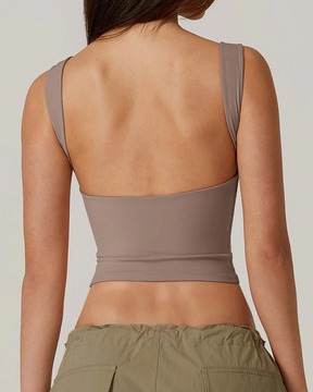 Camiseta corta sexy sin mangas con espalda abierta y cuello alto, ajustada y recortada