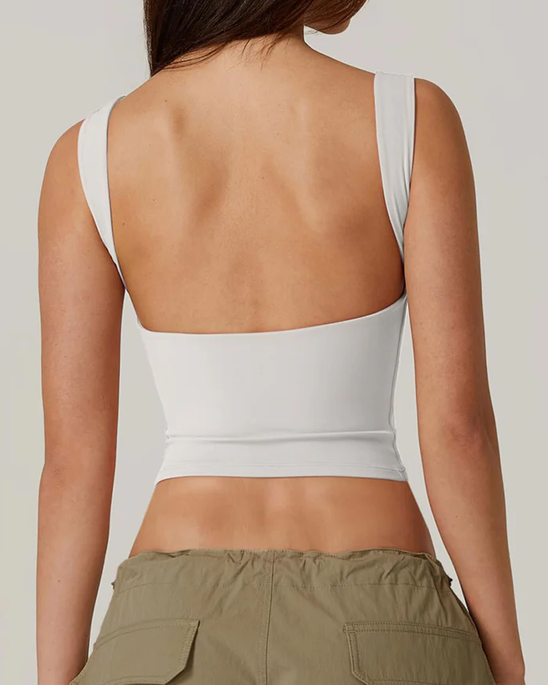 Camiseta corta sexy sin mangas con espalda abierta y cuello alto, ajustada y recortada