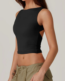 Camiseta corta sexy sin mangas con espalda abierta y cuello alto, ajustada y recortada