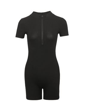 Cremallera Medio cuello abierto Manga corta Spice Girl Mono Pantalones cortos de fitness para mujer