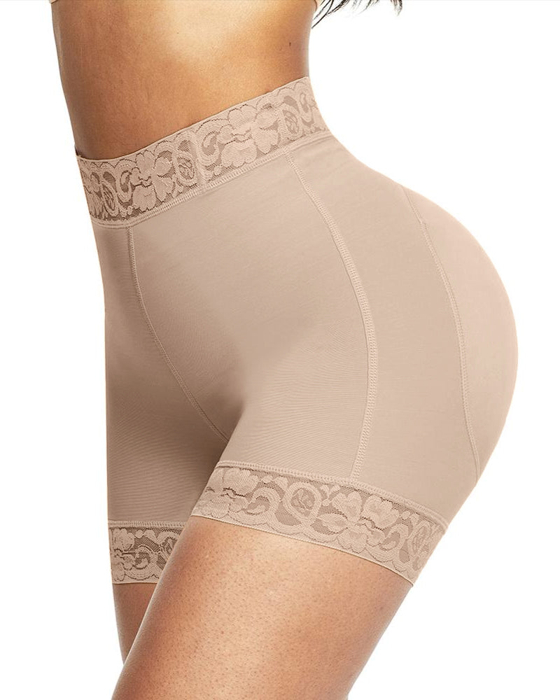 Pantalones cortos moldeadores de cintura media con ropa interior de control de barriga de encaje antideslizante para mujeres levantador de glúteos