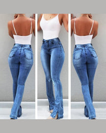 Pantalones vaqueros de cintura alta acampanados con abertura elástica para mujer