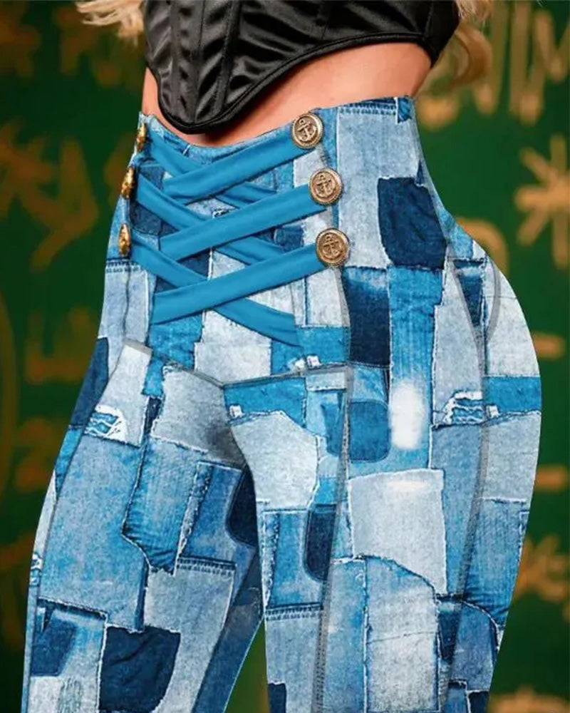 Leggings de levantamiento de cadera con tiras y doble botonadura