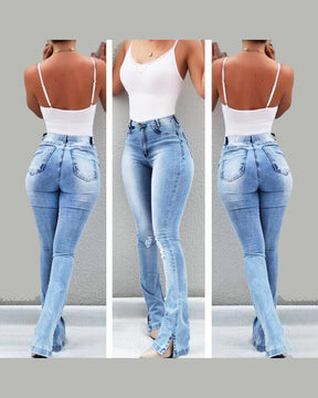 Pantalones vaqueros de cintura alta acampanados con abertura elástica para mujer